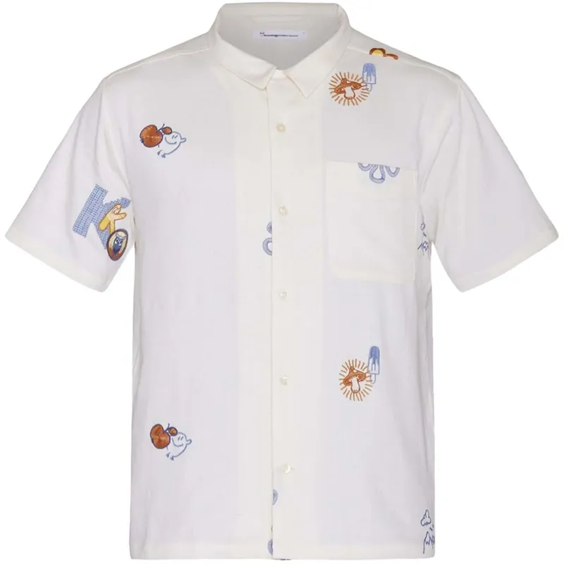 Knowledge Cotton Apparel Men's Box Fit Short Sleeve Shirt With Embroidery Egret Handla nu