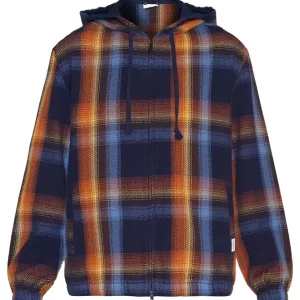 Knowledge Cotton Apparel Men's Checked Hoodie Twill Zipper Jacket Blue Check Populär